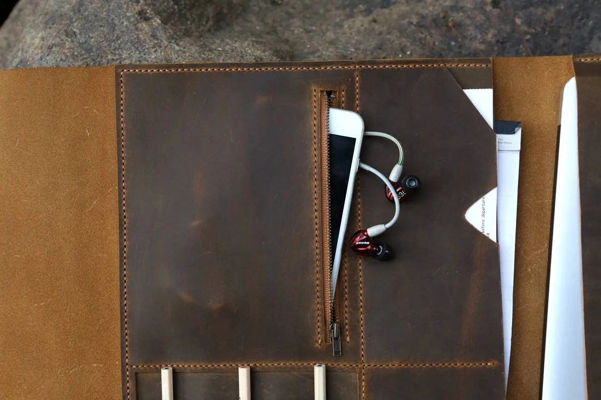 Handmade leather macbook pro laptop portfolio organizer