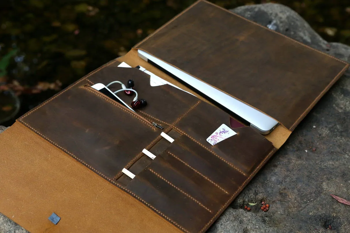 Handmade leather macbook pro laptop portfolio organizer