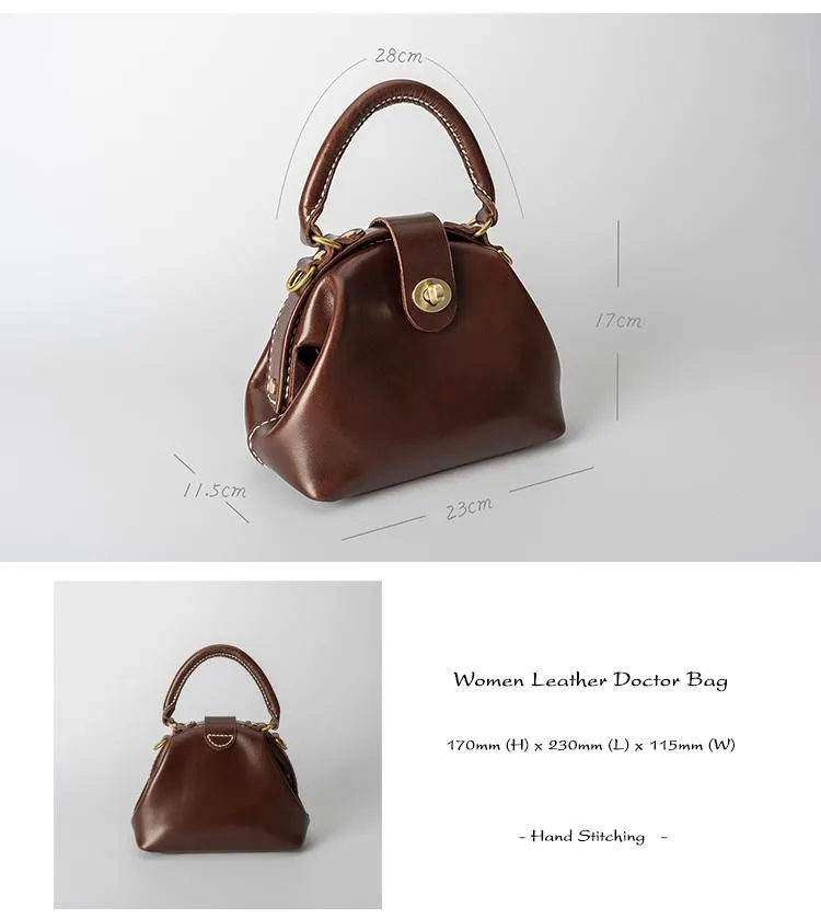 Handmade Womens Coffee Leather doctor Handbag Classic shoulder doctor bags Purse for women