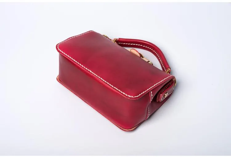 Handmade Womens Red Leather Doctor Handbag Purse Small Side Bag Doctor Bags for Women