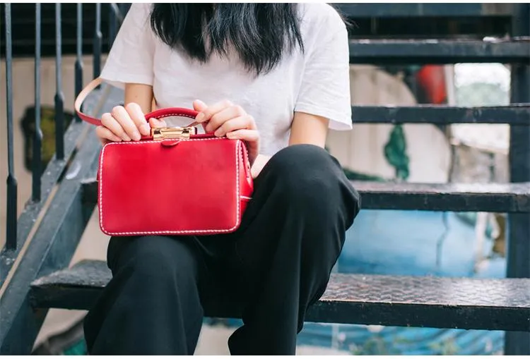 Handmade Womens Red Leather Doctor Handbag Purse Small Side Bag Doctor Bags for Women