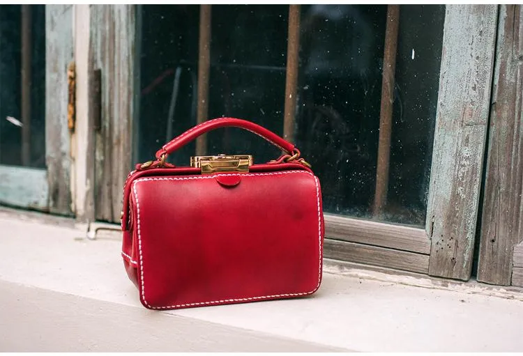 Handmade Womens Red Leather Doctor Handbag Purse Small Side Bag Doctor Bags for Women