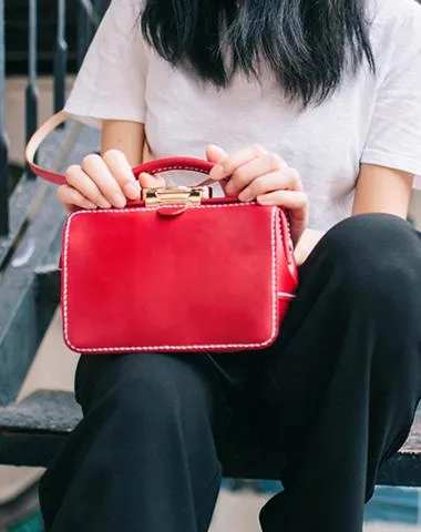Handmade Womens Red Leather Doctor Handbag Purse Small Side Bag Doctor Bags for Women