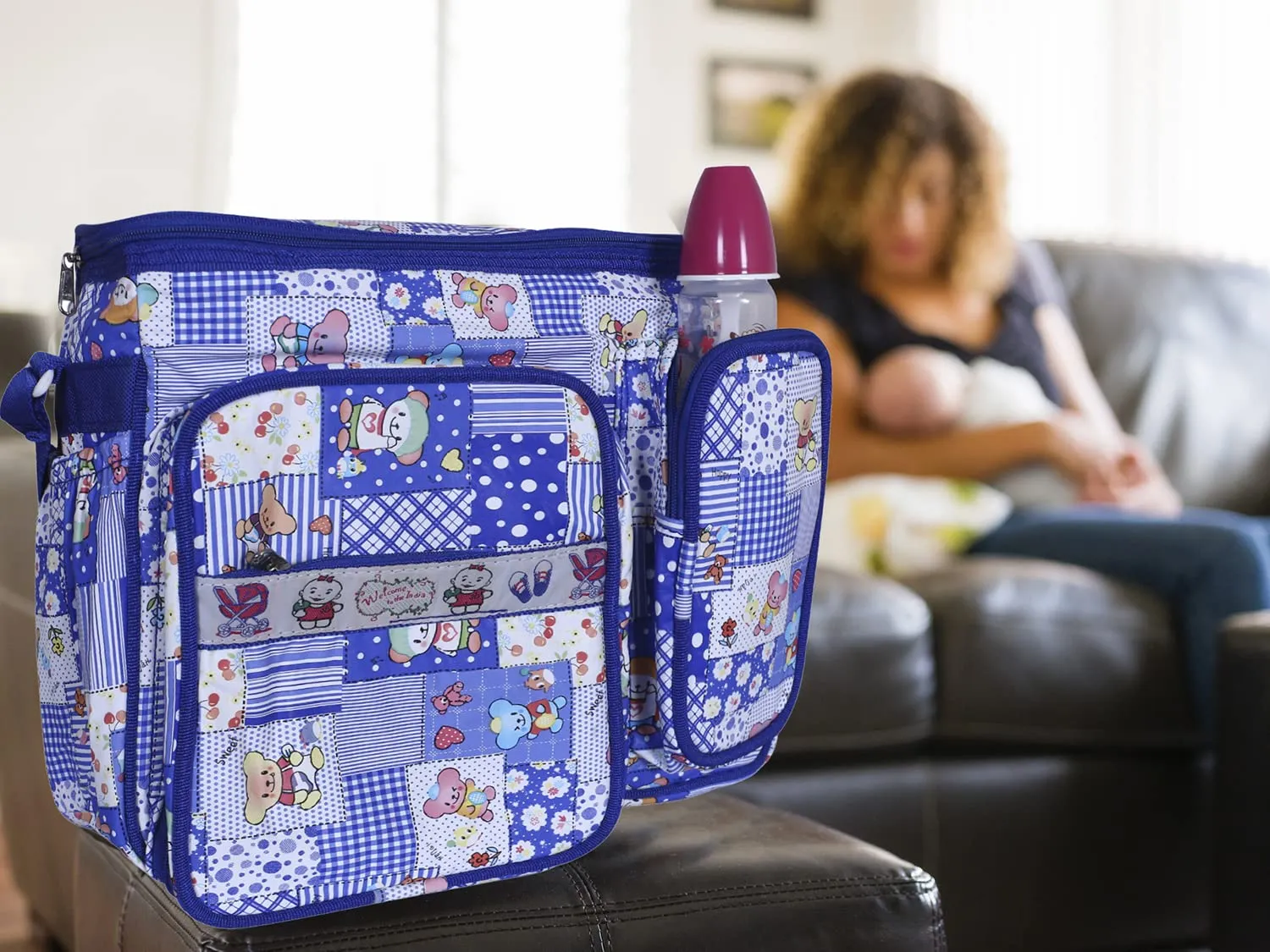 Heart Home PVC Multiuses Teddy Cartoon Print Mothers Bag/Diapers Bag With Handle For Traveling, storing (Blue) 52HH4013