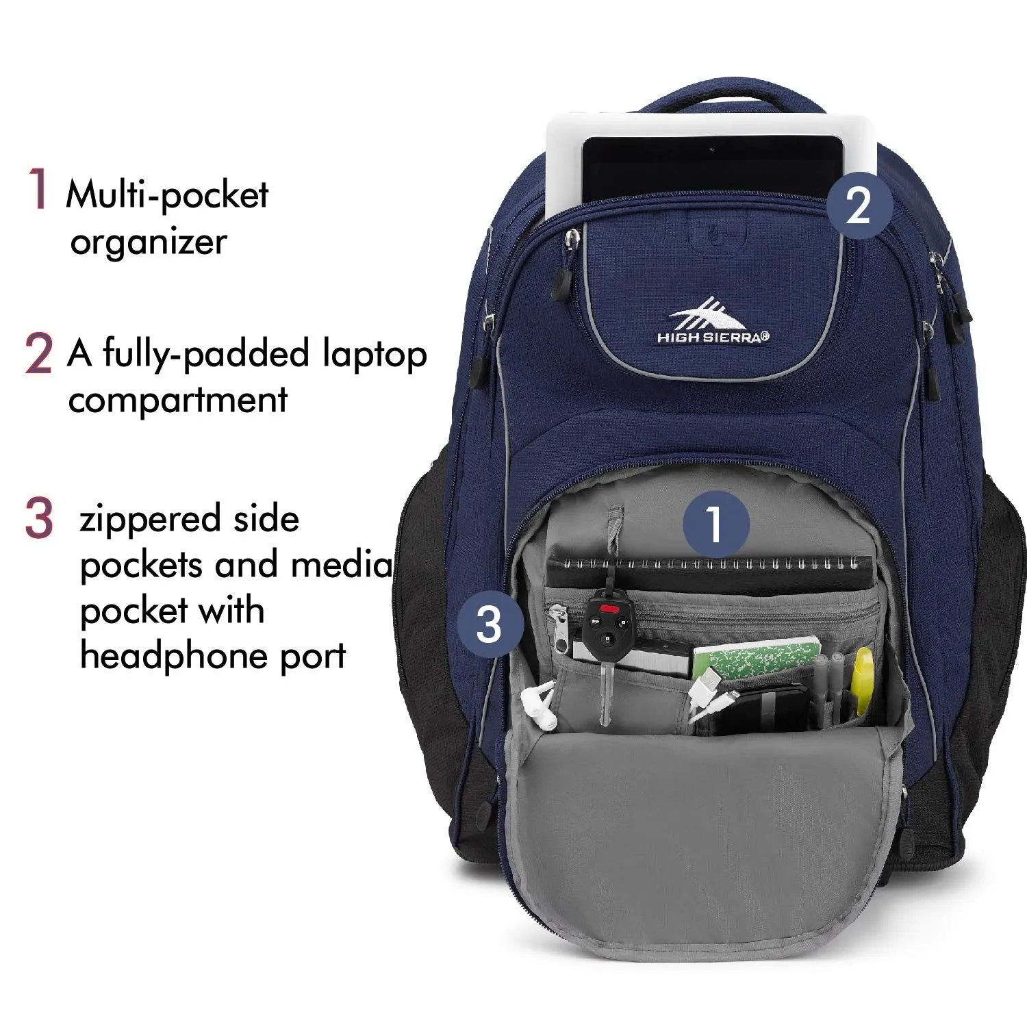High Sierra Powerglide Lightweight Wheeled Laptop Backpack, fits most 17-inch laptop models, Ideal for High School and College Students True Navy/Black