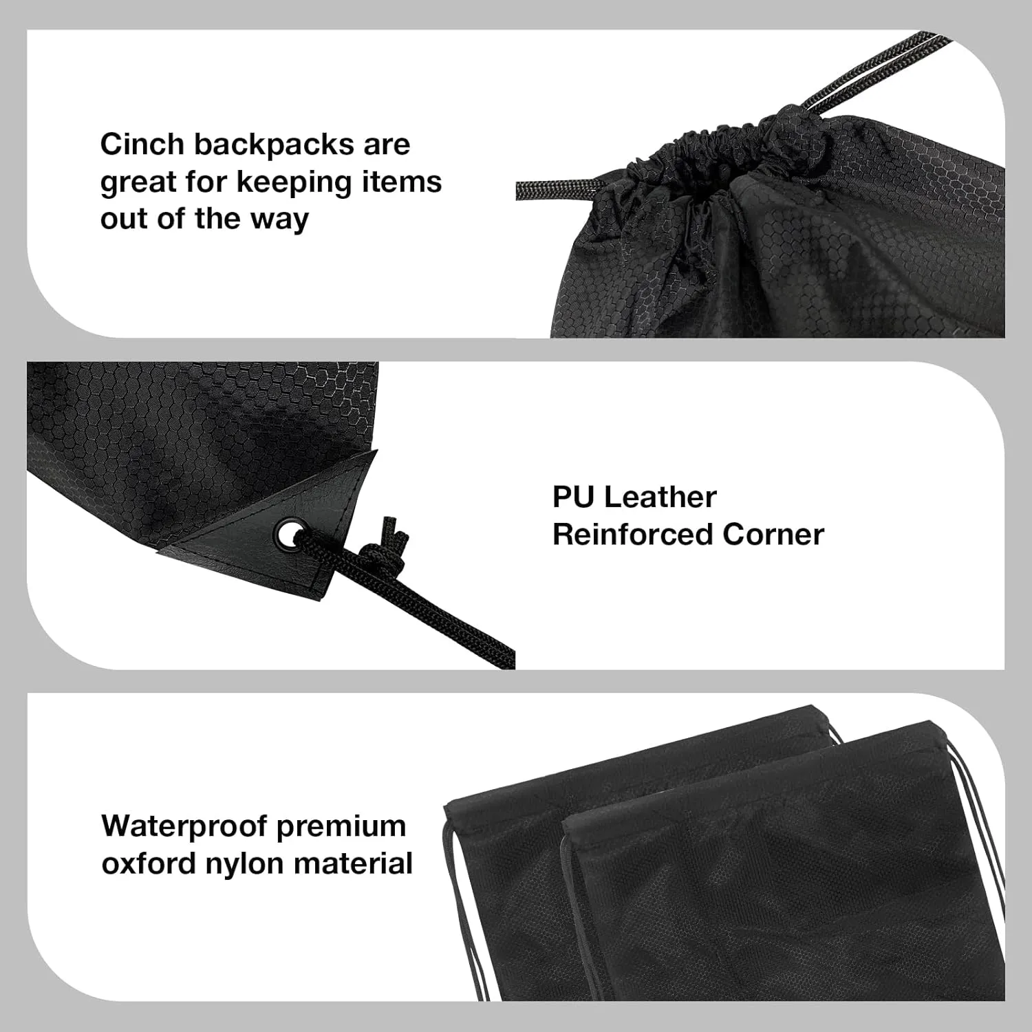 HIIXHC 2-Pack Black Drawstring Backpacks, X-Large 22.4"x17.5", Lightweight & Washable, Perfect for Gym, Sports, Travel - Men & Women (2, Black)