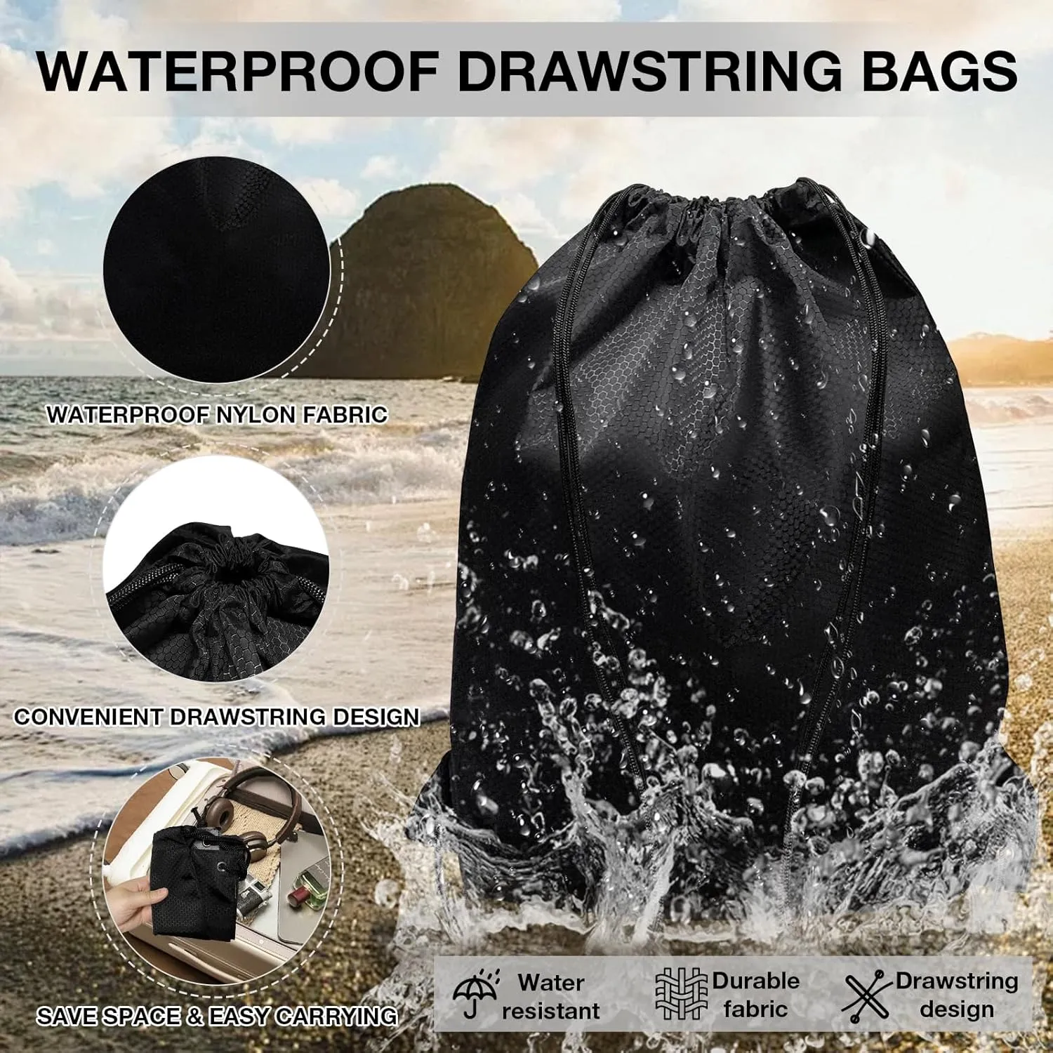 HIIXHC 2-Pack Black Drawstring Backpacks, X-Large 22.4"x17.5", Lightweight & Washable, Perfect for Gym, Sports, Travel - Men & Women (2, Black)