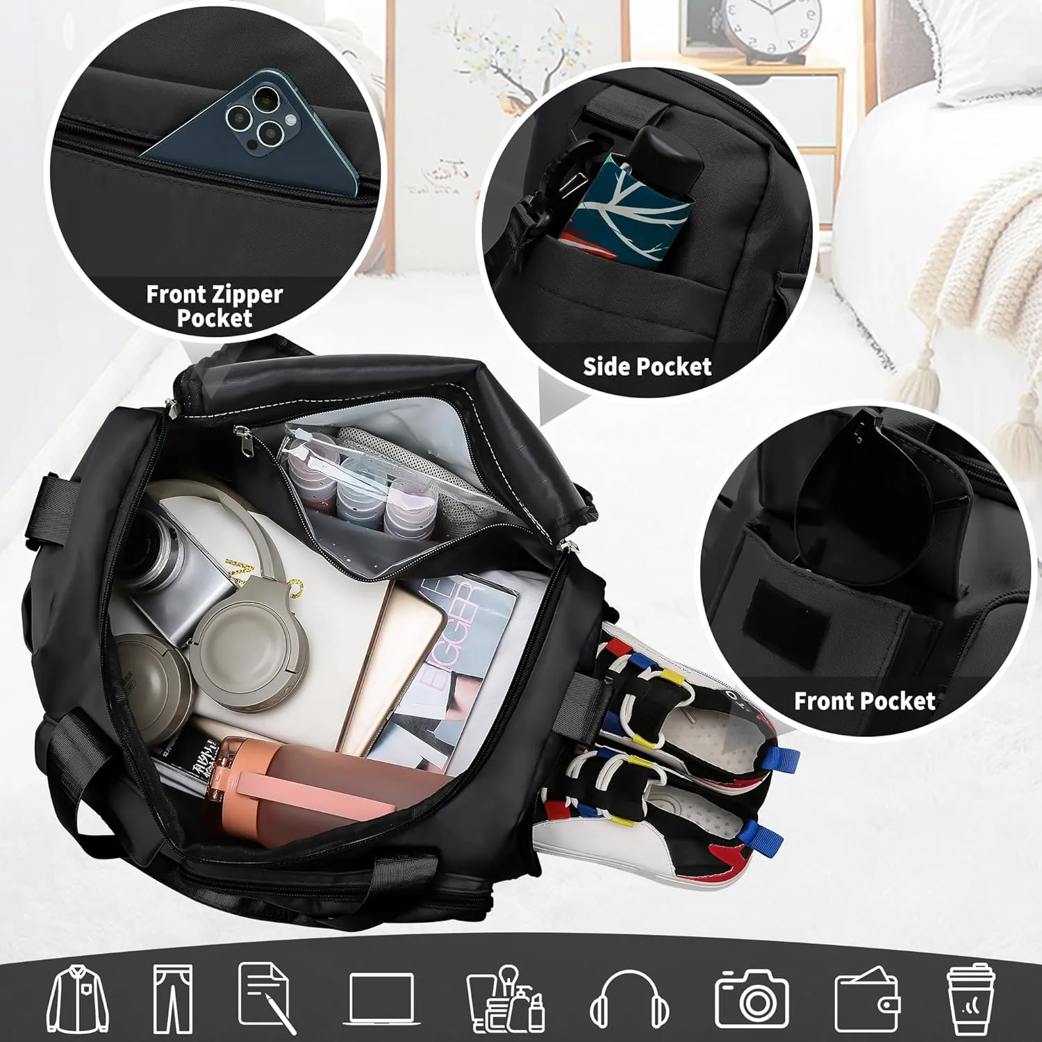 Hoseay Sports Bag for Men and Women, Travel Bag, Fitness Bag with Shoe Compartment & Wet Compartment Bag, Waterproof, Lightweight, Large, Foldable, Weekender Duffel Bag, Gym, Shopping, Outdoor,