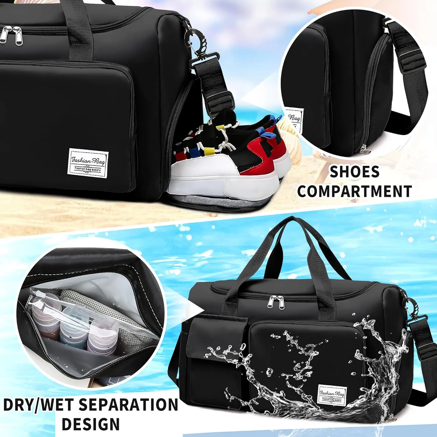 Hoseay Sports Bag for Men and Women, Travel Bag, Fitness Bag with Shoe Compartment & Wet Compartment Bag, Waterproof, Lightweight, Large, Foldable, Weekender Duffel Bag, Gym, Shopping, Outdoor,