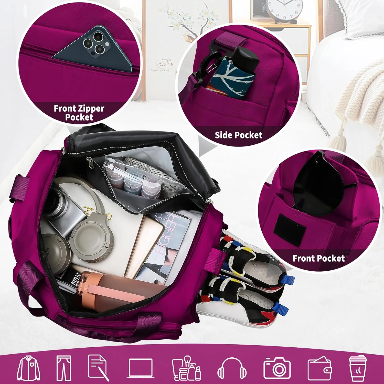 Hoseay Sports Bag Women Men's, Travel Bag Large Waterproof Gym Bag with Shoe Compartment and Moist Compartment, Travel Sportbag Shopping Bag Swimming Bag Weekend Bag Hand Luggage Fitness Bag Sports