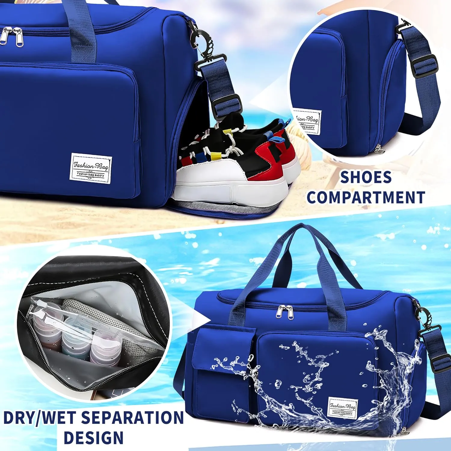 Hoseay Sports Bag Women Men's, Travel Bag Large Waterproof Gym Bag with Shoe Compartment and Moist Compartment, Travel Sportbag Shopping Bag Swimming Bag Weekend Bag Hand Luggage Fitness Bag Sports