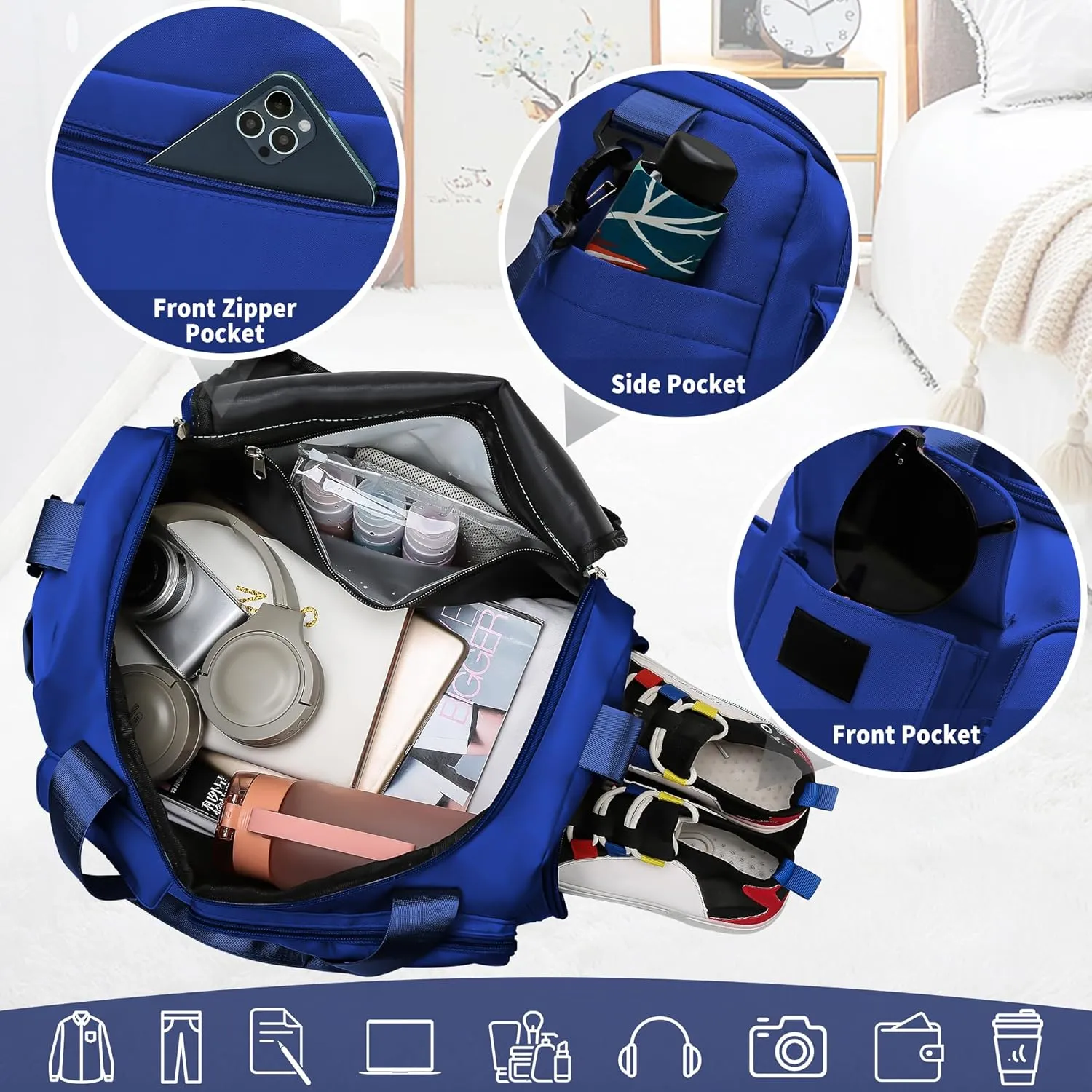 Hoseay Sports Bag Women Men's, Travel Bag Large Waterproof Gym Bag with Shoe Compartment and Moist Compartment, Travel Sportbag Shopping Bag Swimming Bag Weekend Bag Hand Luggage Fitness Bag Sports