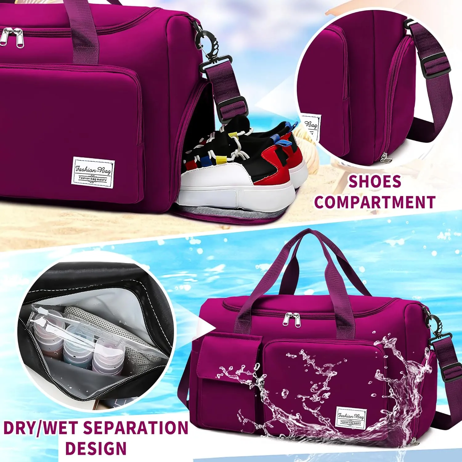 Hoseay Sports Bag Women Men's, Travel Bag Large Waterproof Gym Bag with Shoe Compartment and Moist Compartment, Travel Sportbag Shopping Bag Swimming Bag Weekend Bag Hand Luggage Fitness Bag Sports