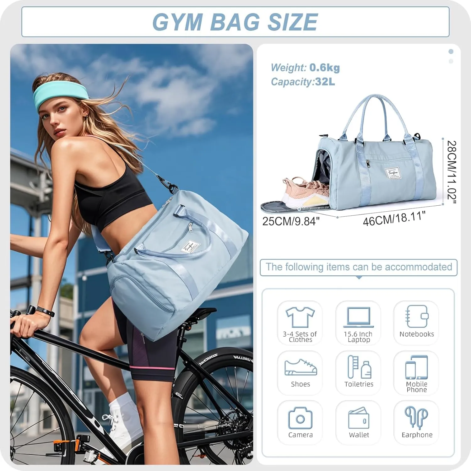 HYC00 Sports Bag Women Men Fitness Bag Sports Bags with Shoe Compartment and Dry and Wet Compartments Training Bag Weekend Bag Ladies Travel Bags Waterproof Travel Duffel Cabin Bag Duffel Bag Duffle