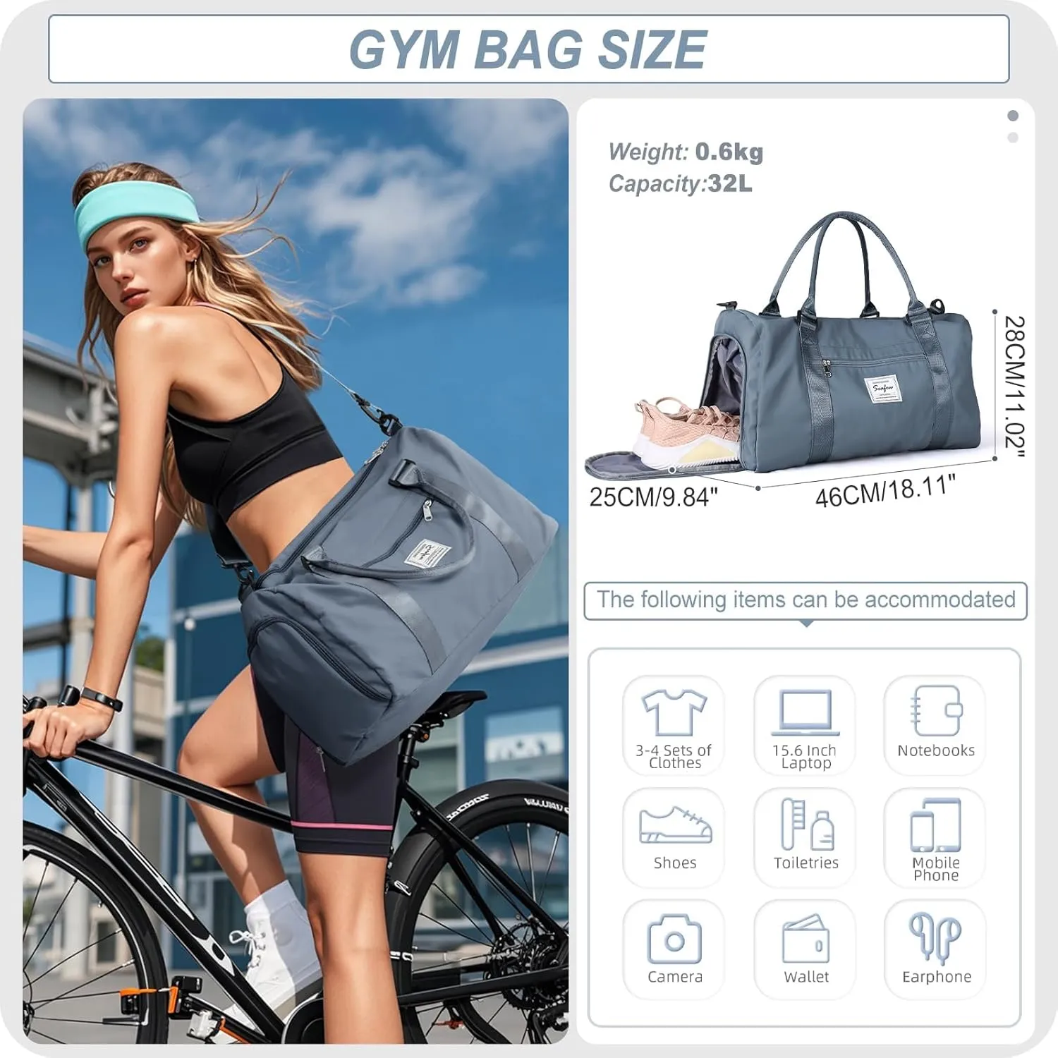 HYC00 Sports Bag Women Men Fitness Bag Sports Bags with Shoe Compartment and Dry and Wet Compartments Training Bag Weekend Bag Ladies Travel Bags Waterproof Travel Duffel Cabin Bag Duffel Bag Duffle