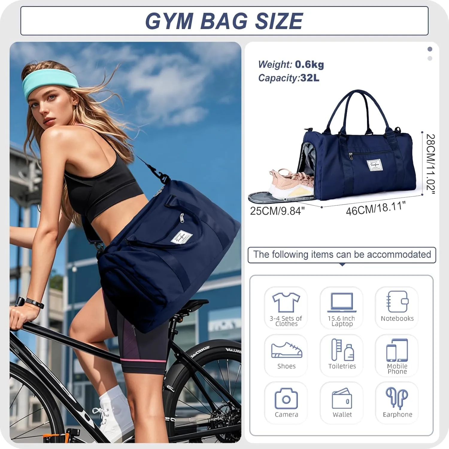 HYC00 Sports Bag Women Men Fitness Bag Sports Bags with Shoe Compartment and Dry and Wet Compartments Training Bag Weekend Bag Ladies Travel Bags Waterproof Travel Duffel Cabin Bag Duffel Bag Duffle