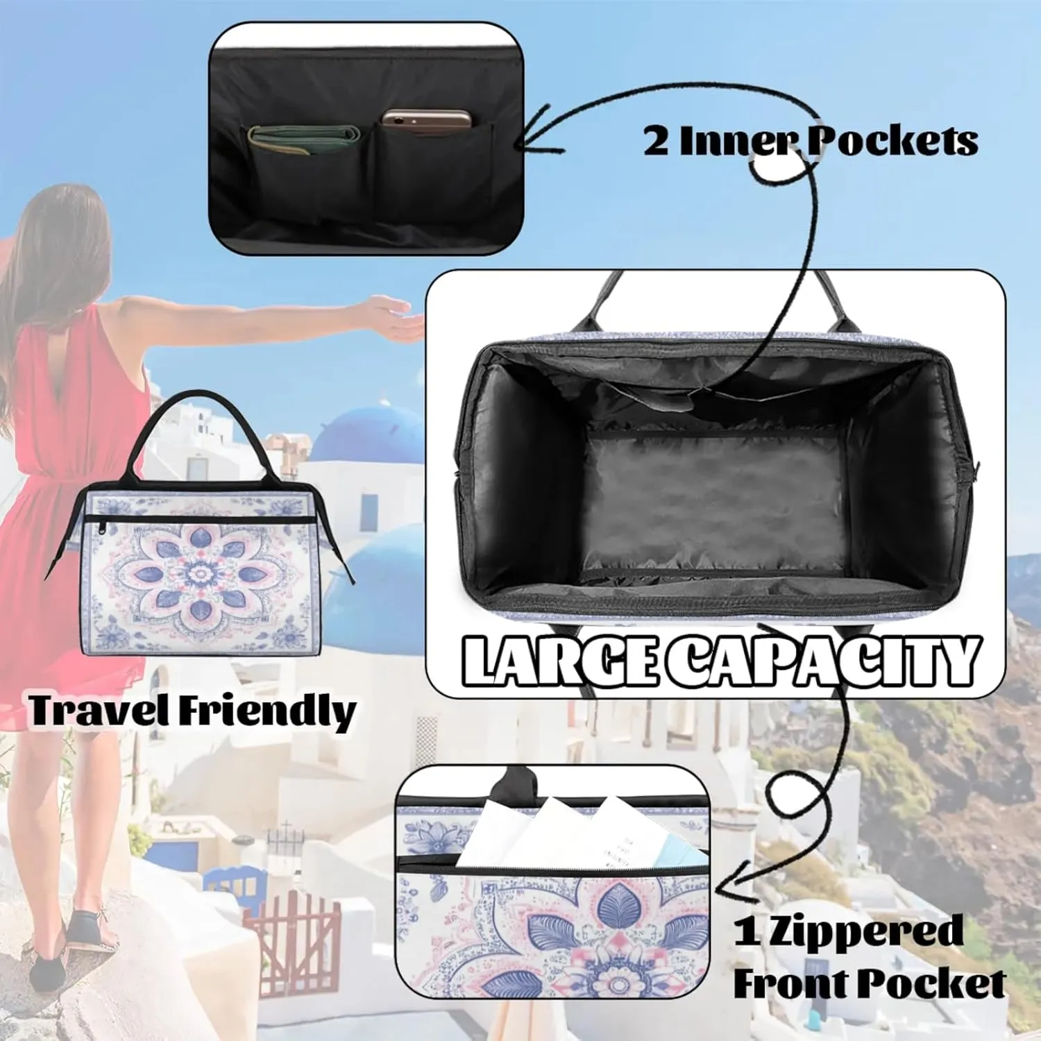 India Carpet Flower Travel Duffle Bag for Women, Ladies Overnight Weekender Bag Gym Sports Bags A-2