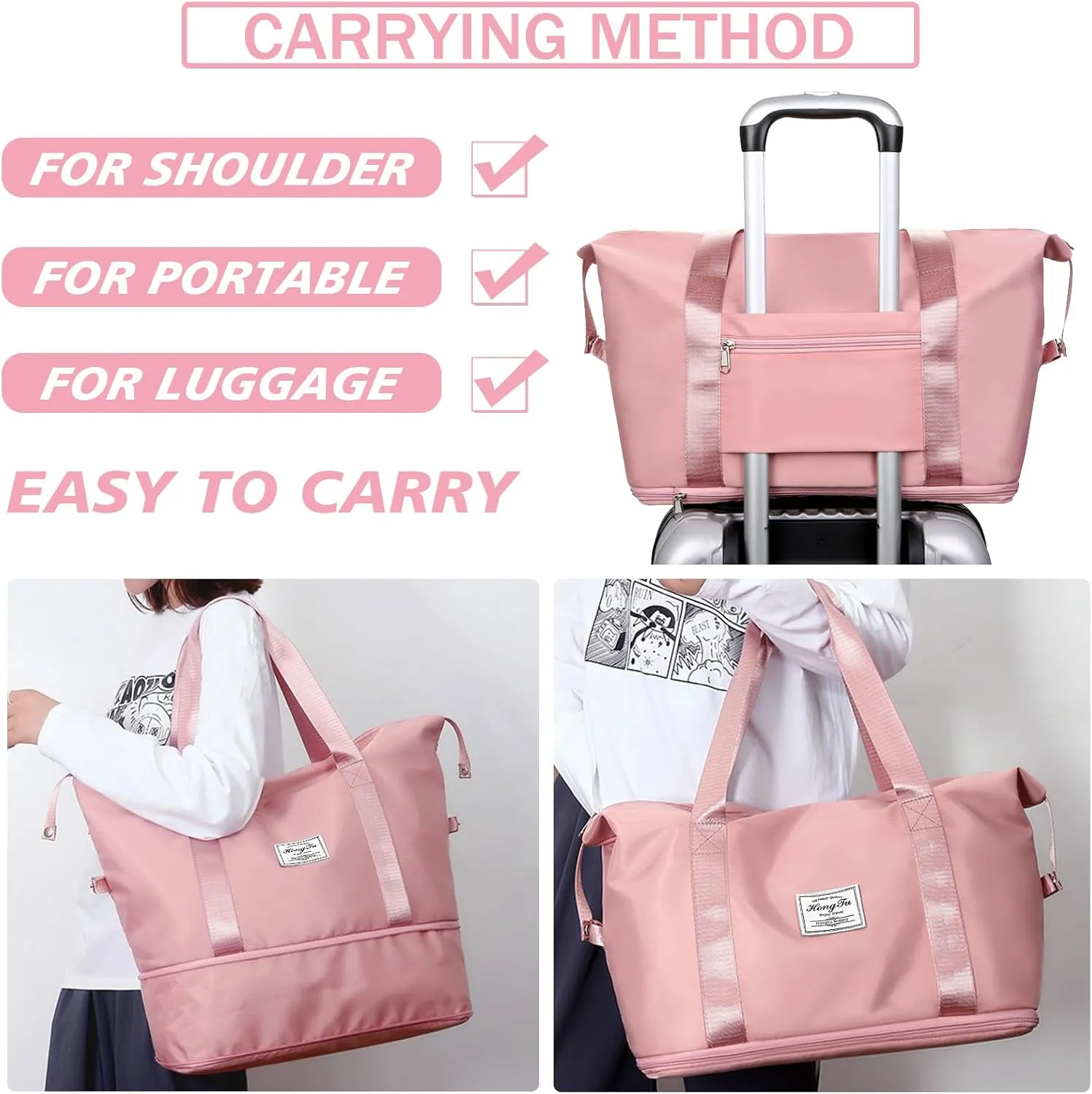 INVODA Travel Duffel Bag For Women and Men Waterproof Expandable Weekender Overnight Bag Carry on Tote Bag Dry Wet Separation Swim Sports Travel Gym Bag (Light Pink)