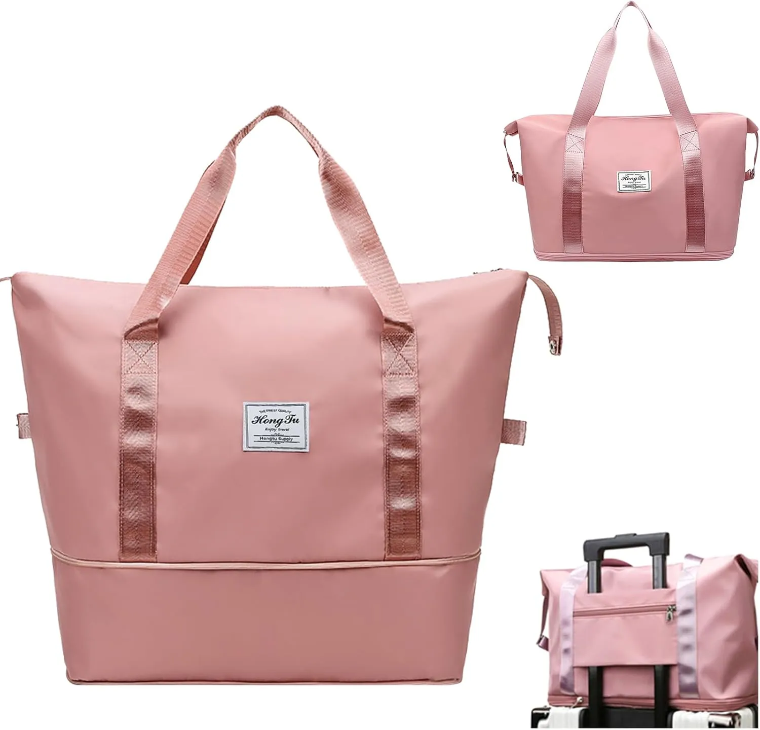 INVODA Travel Duffel Bag For Women and Men Waterproof Expandable Weekender Overnight Bag Carry on Tote Bag Dry Wet Separation Swim Sports Travel Gym Bag (Light Pink)