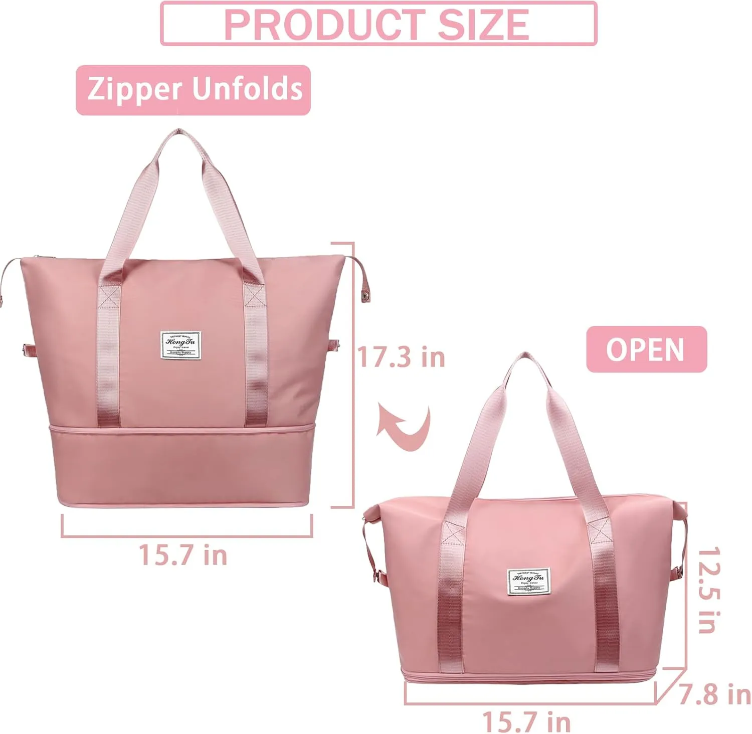 INVODA Travel Duffel Bag For Women and Men Waterproof Expandable Weekender Overnight Bag Carry on Tote Bag Dry Wet Separation Swim Sports Travel Gym Bag (Light Pink)
