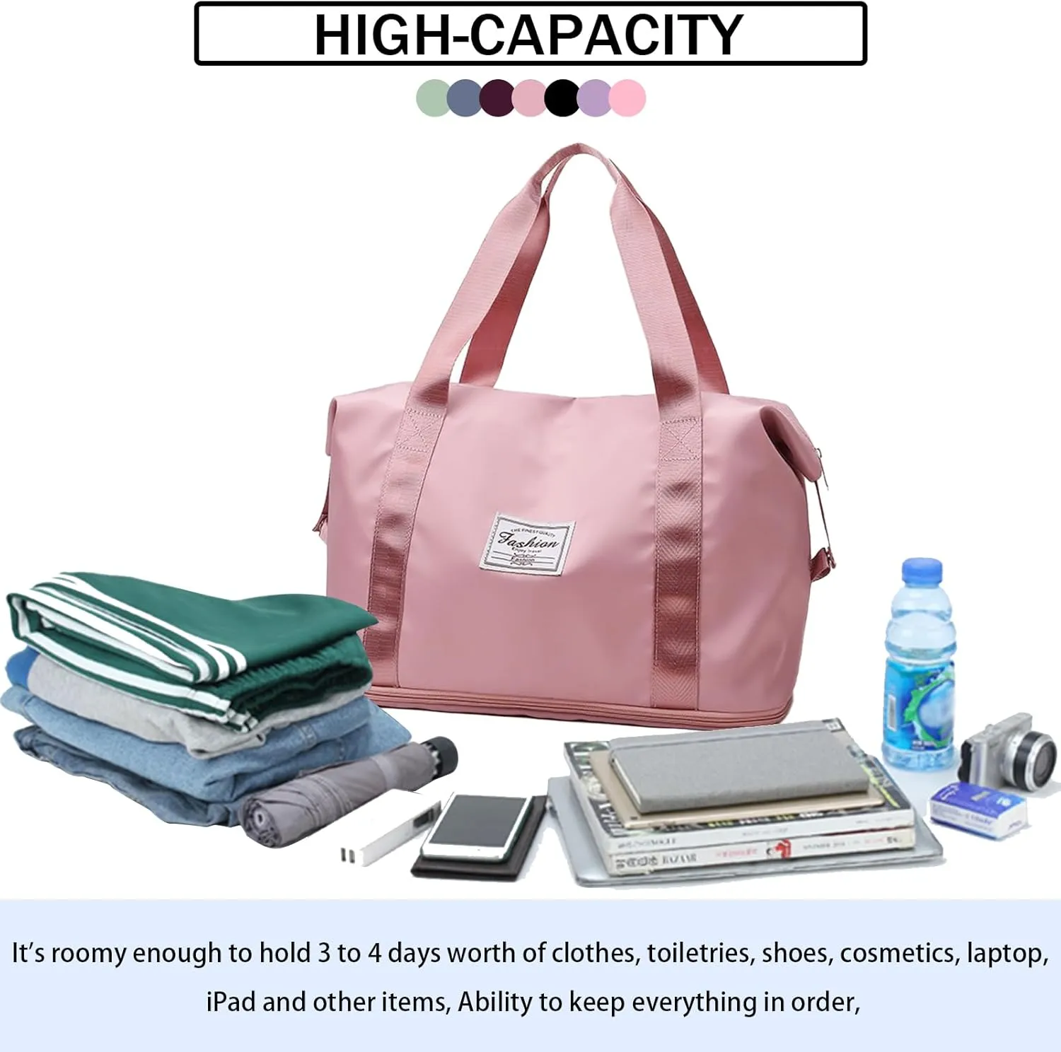 INVODA Travel Duffel Bag For Women and Men Waterproof Expandable Weekender Overnight Bag Carry on Tote Bag Dry Wet Separation Swim Sports Travel Gym Bag (Light Pink)