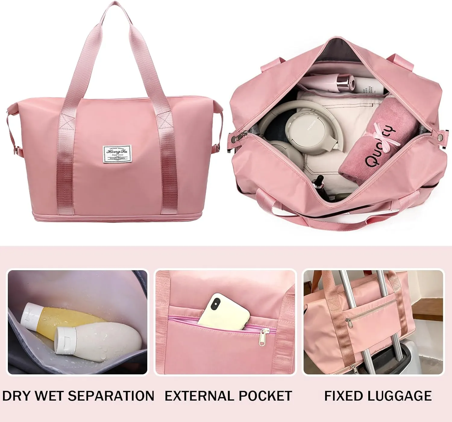 INVODA Travel Duffel Bag For Women and Men Waterproof Expandable Weekender Overnight Bag Carry on Tote Bag Dry Wet Separation Swim Sports Travel Gym Bag (Light Pink)