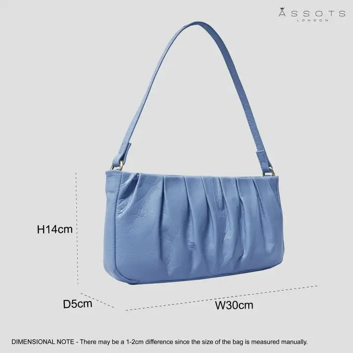 'ivy' Pale Blue Pleated Real Leather Baguette Shoulder Bag