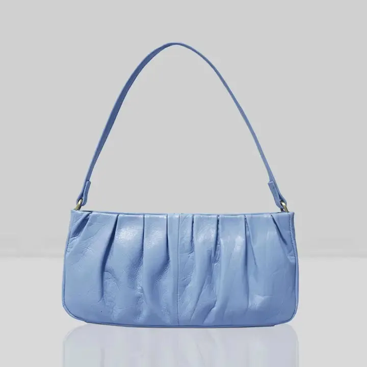 'ivy' Pale Blue Pleated Real Leather Baguette Shoulder Bag