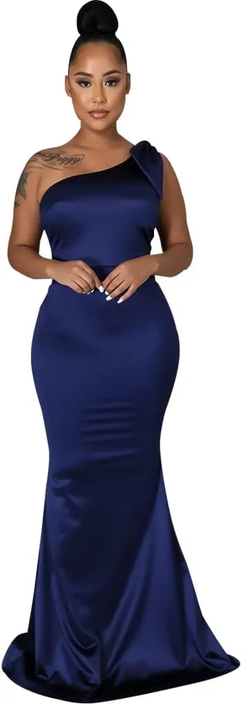 JTNFairy Women's Sexy Ruffle Sleeveless One Shoulder Bodycon Dresses Classy Pencil Curvy Party Evening Long Formal Dress