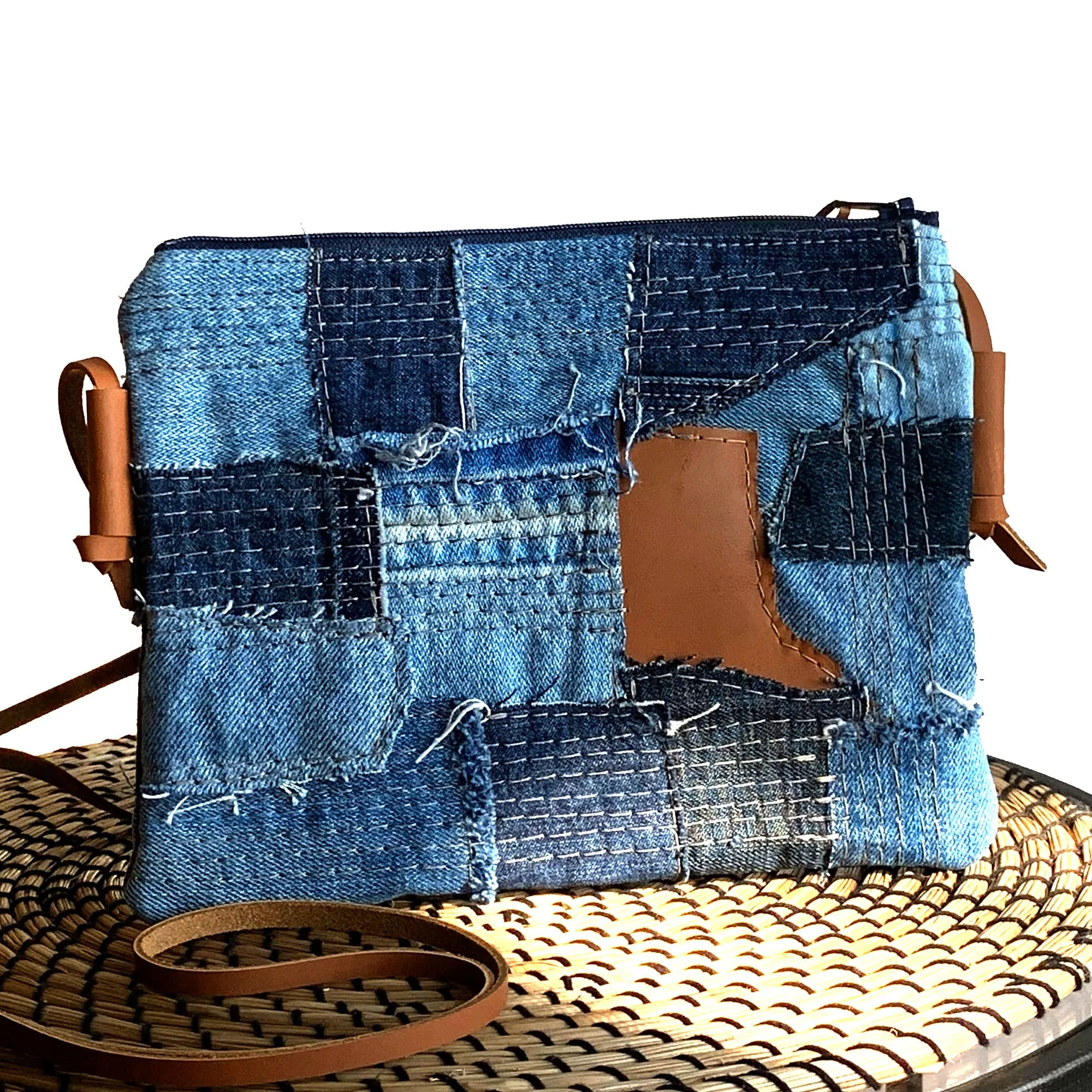 Juno Repurposed Denim & Leather Zippered Crossbody