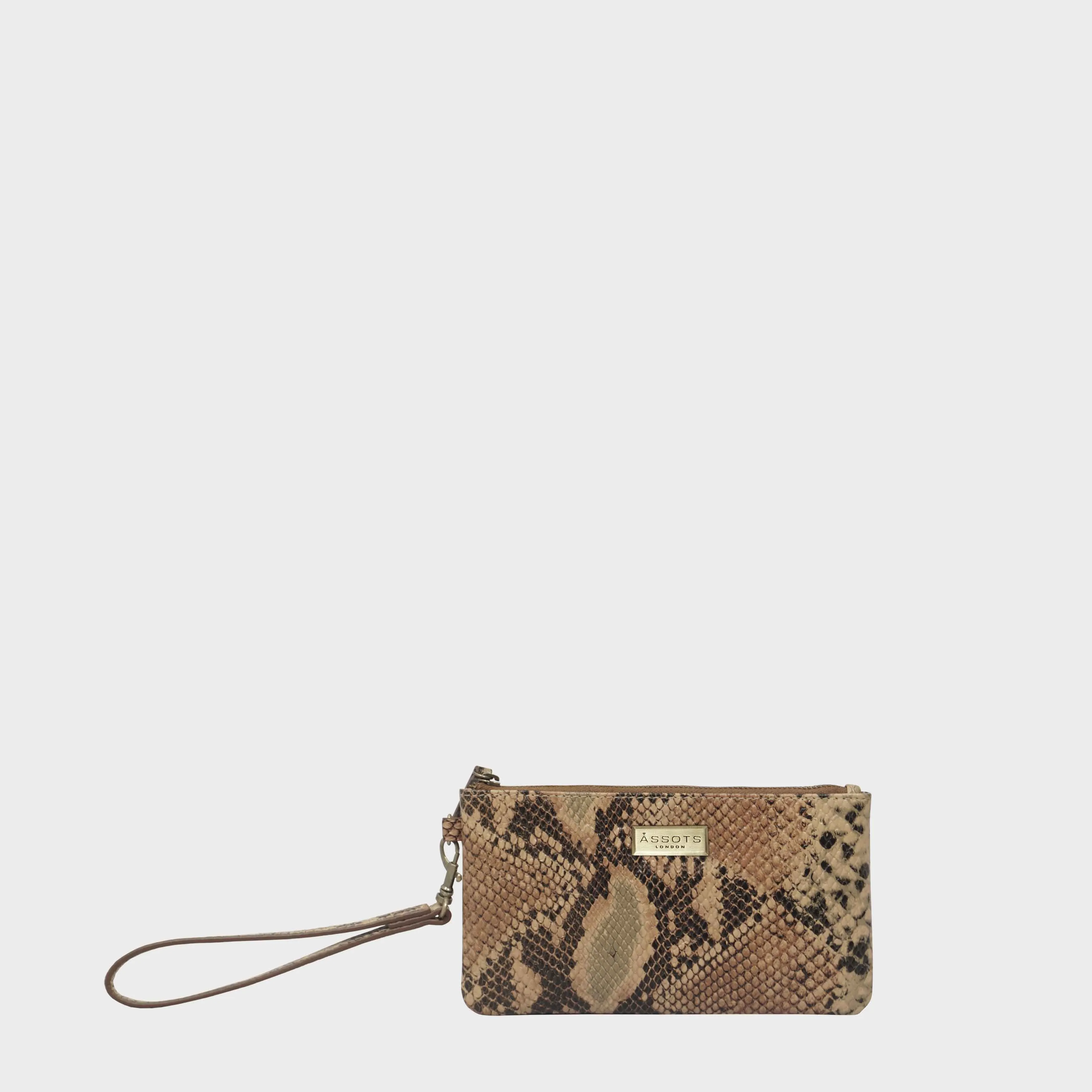 'KAREN' Tan Snake Print Real Leather Wristlet Clutch Bag