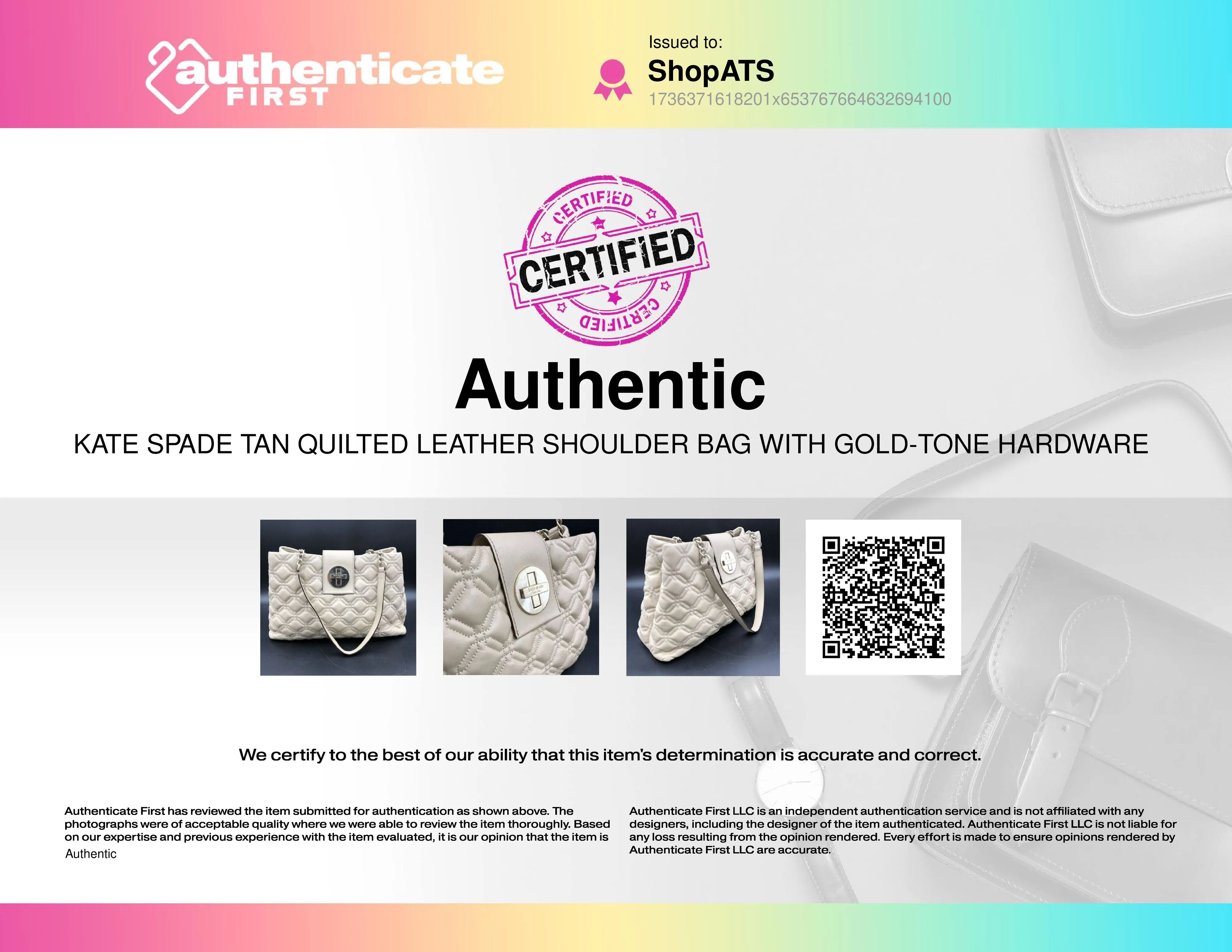 Kate Spade Tan Quilted Leather Shoulder Bag w/ Gold-Tone Turnlock/Accents ( COA)