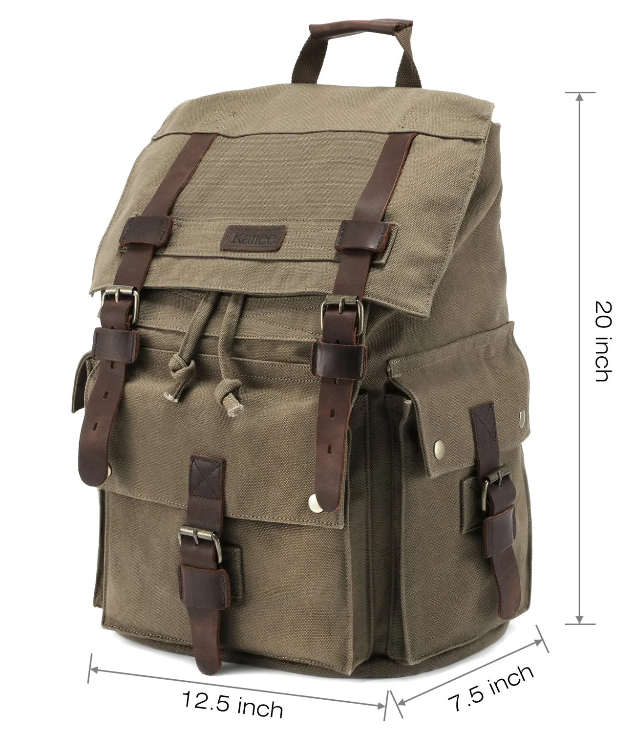 Kattee Men's Canvas Leather Hiking Travel Backpack Rucksack School Bag Army Green