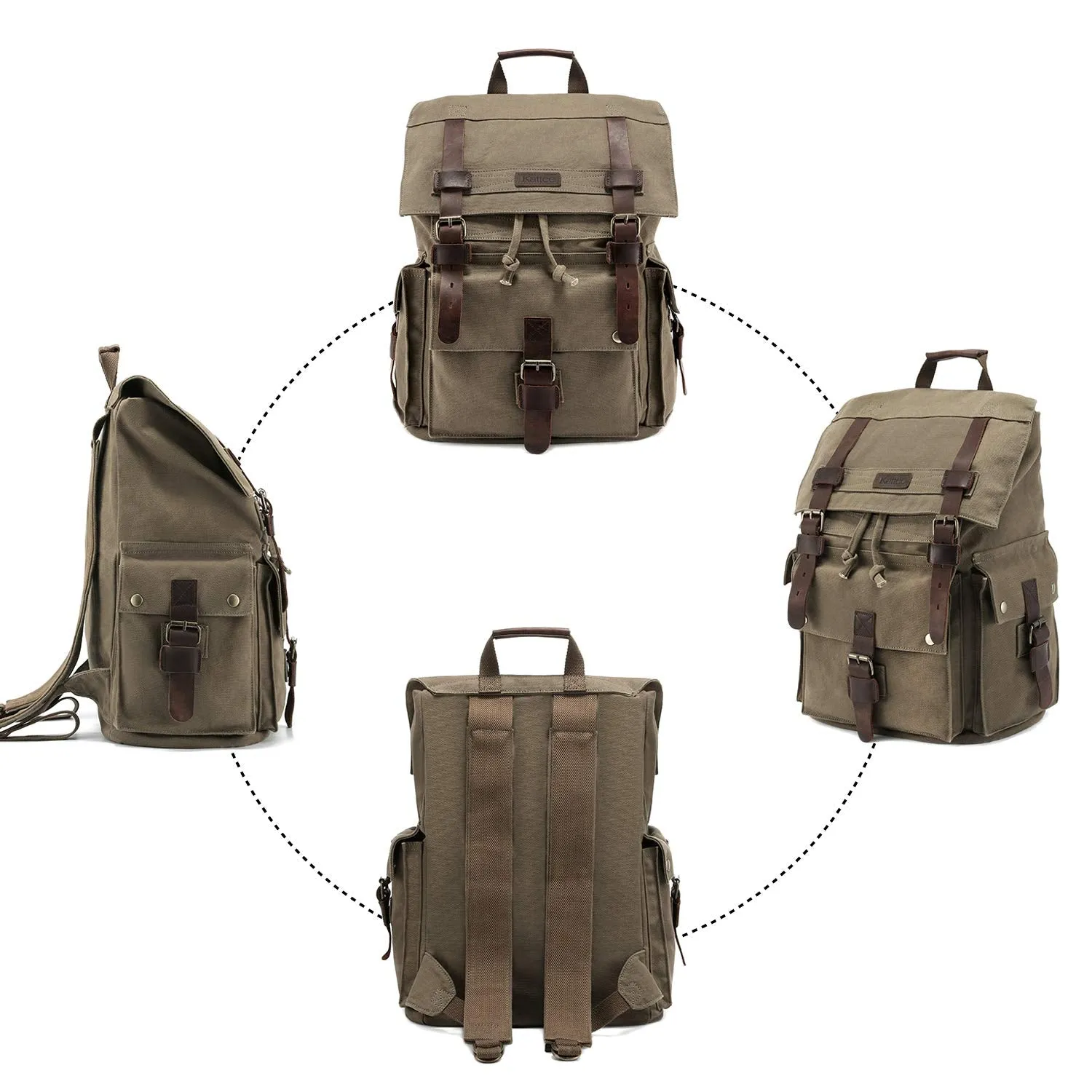 Kattee Men's Canvas Leather Hiking Travel Backpack Rucksack School Bag Army Green