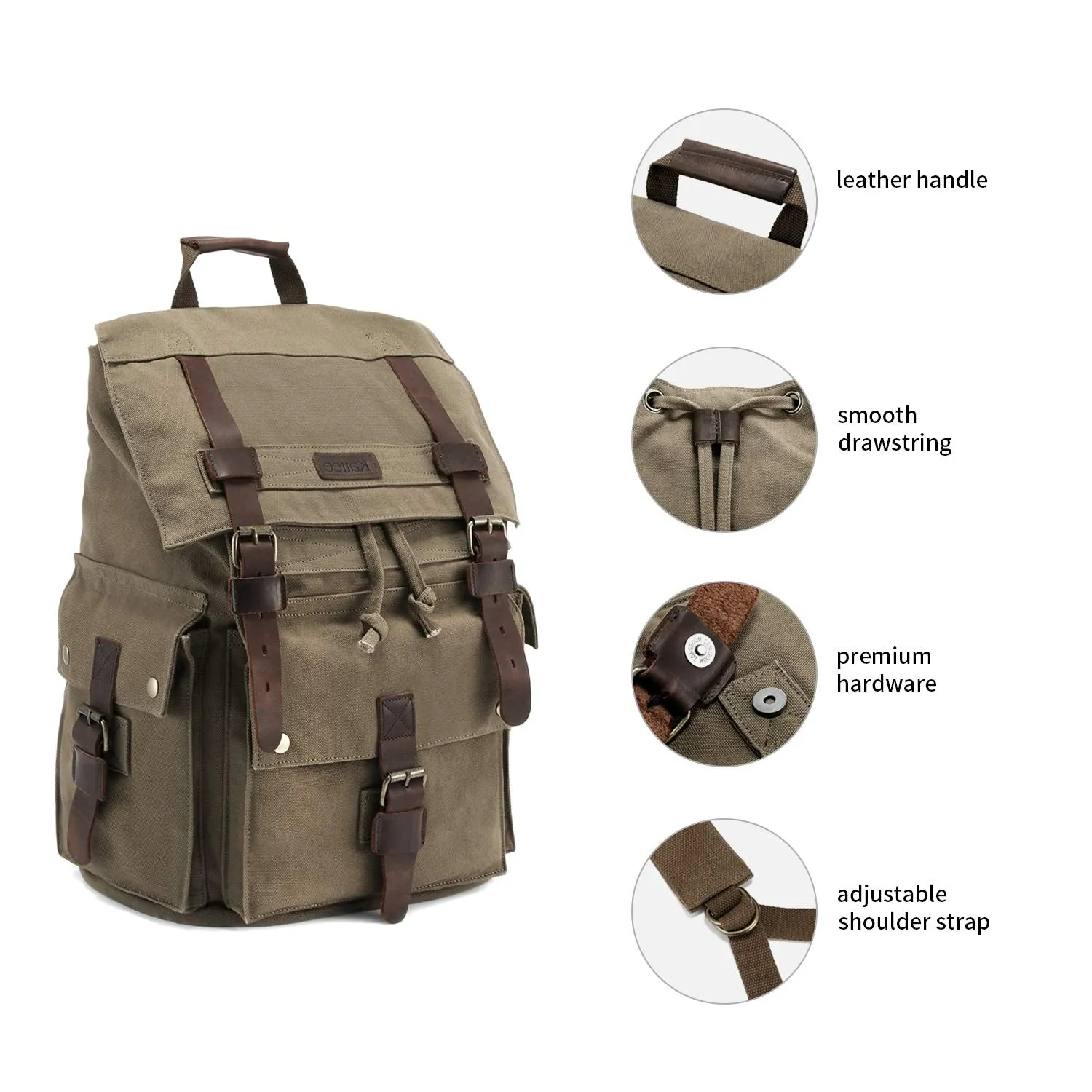 Kattee Men's Canvas Leather Hiking Travel Backpack Rucksack School Bag Army Green