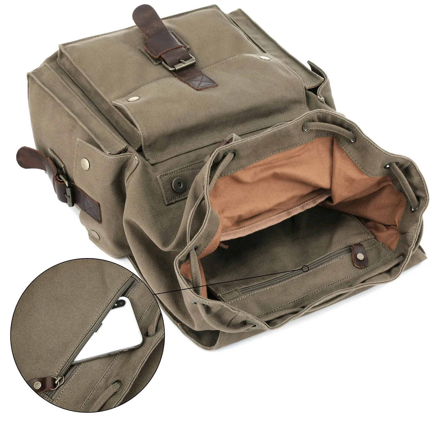 Kattee Men's Canvas Leather Hiking Travel Backpack Rucksack School Bag Army Green