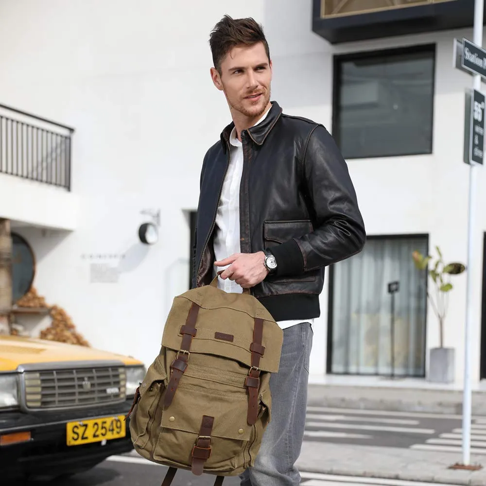 Kattee Men's Canvas Leather Hiking Travel Backpack Rucksack School Bag Army Green