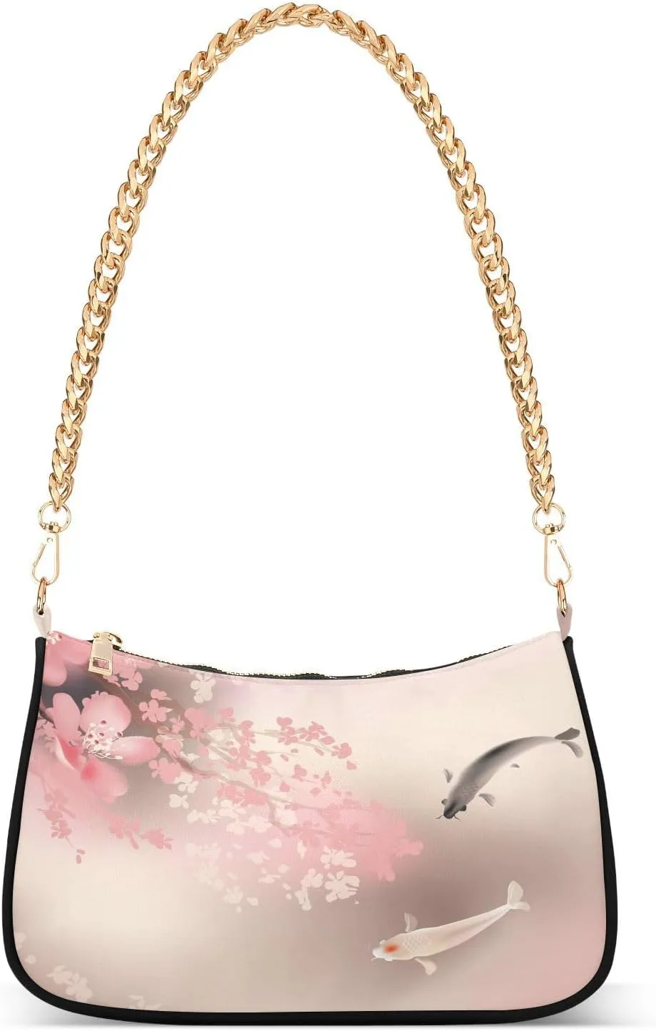 Koi Carps Spring Cherry Blossoms Shoulder Handbags for Women Travel Hobo Tote Handbag Women Gold Chain Shoulder Bags Purse with Zipper Closure