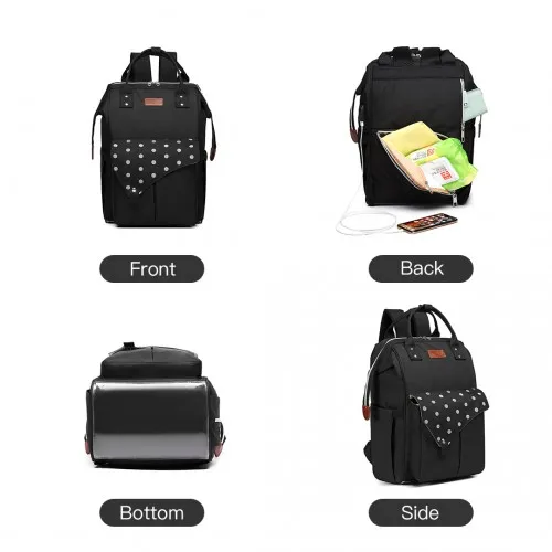 KONO Polka Dot Maternity Backpack Bag with USB Connectivity - Large Capacity, Multifunctional, Water Resistant - Black
