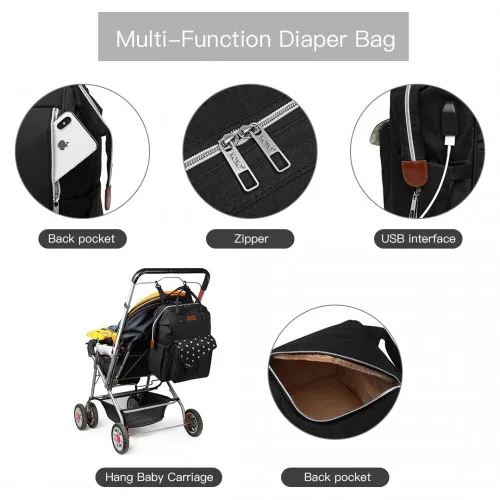 KONO Polka Dot Maternity Backpack Bag with USB Connectivity - Large Capacity, Multifunctional, Water Resistant - Black