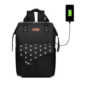 KONO Polka Dot Maternity Backpack Bag with USB Connectivity - Large Capacity, Multifunctional, Water Resistant - Black