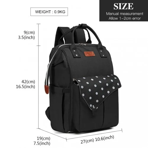 KONO Polka Dot Maternity Backpack Bag with USB Connectivity - Large Capacity, Multifunctional, Water Resistant - Black