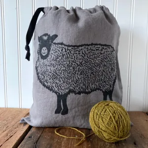 Large Linen Drawstring Bag - Shetland Sheep