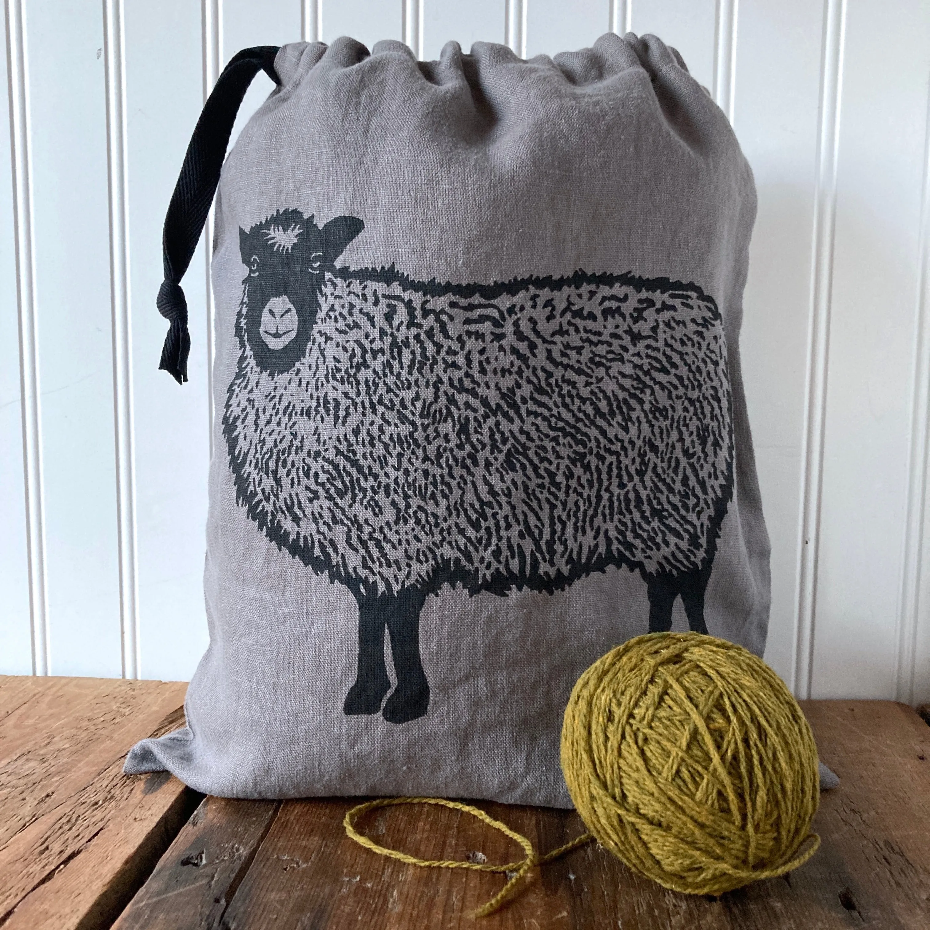 Large Linen Drawstring Bag - Shetland Sheep