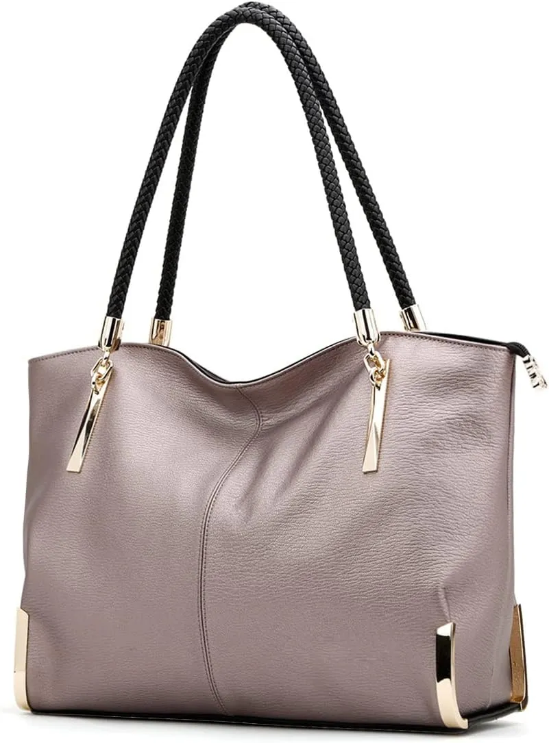 Large Split Leather Zipper Tote with Woven Handle - For Women