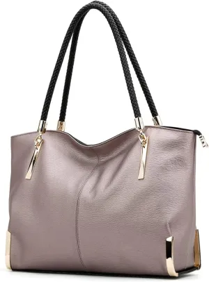 Large Split Leather Zipper Tote with Woven Handle - For Women