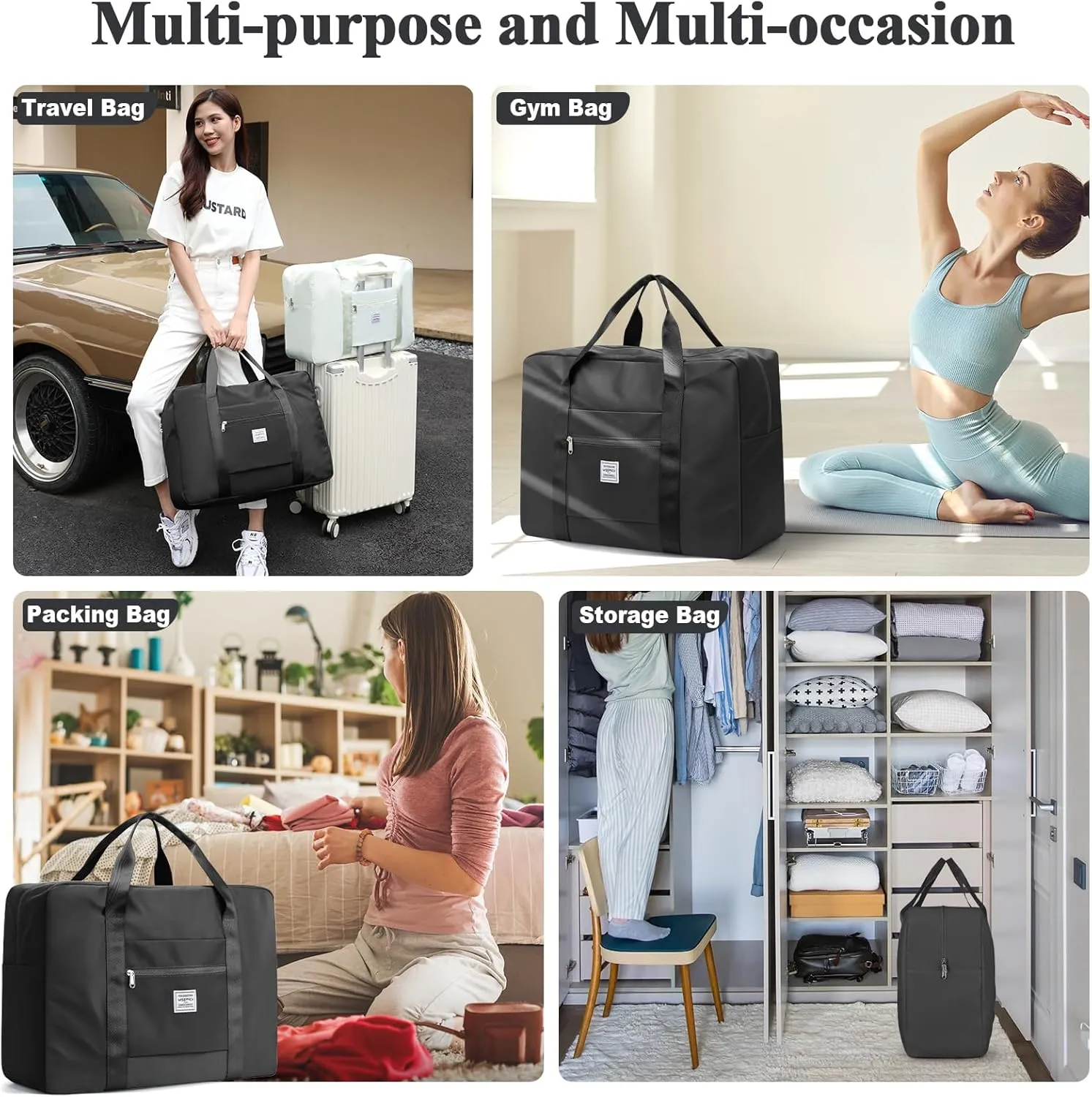 Large Travel Bag for Women, Foldable Travel Duffel Bag with Trolley Sleeve, Carry on Weekender Overnight Bag with Wet Pocket, Black, Large, 1 Travel Bag