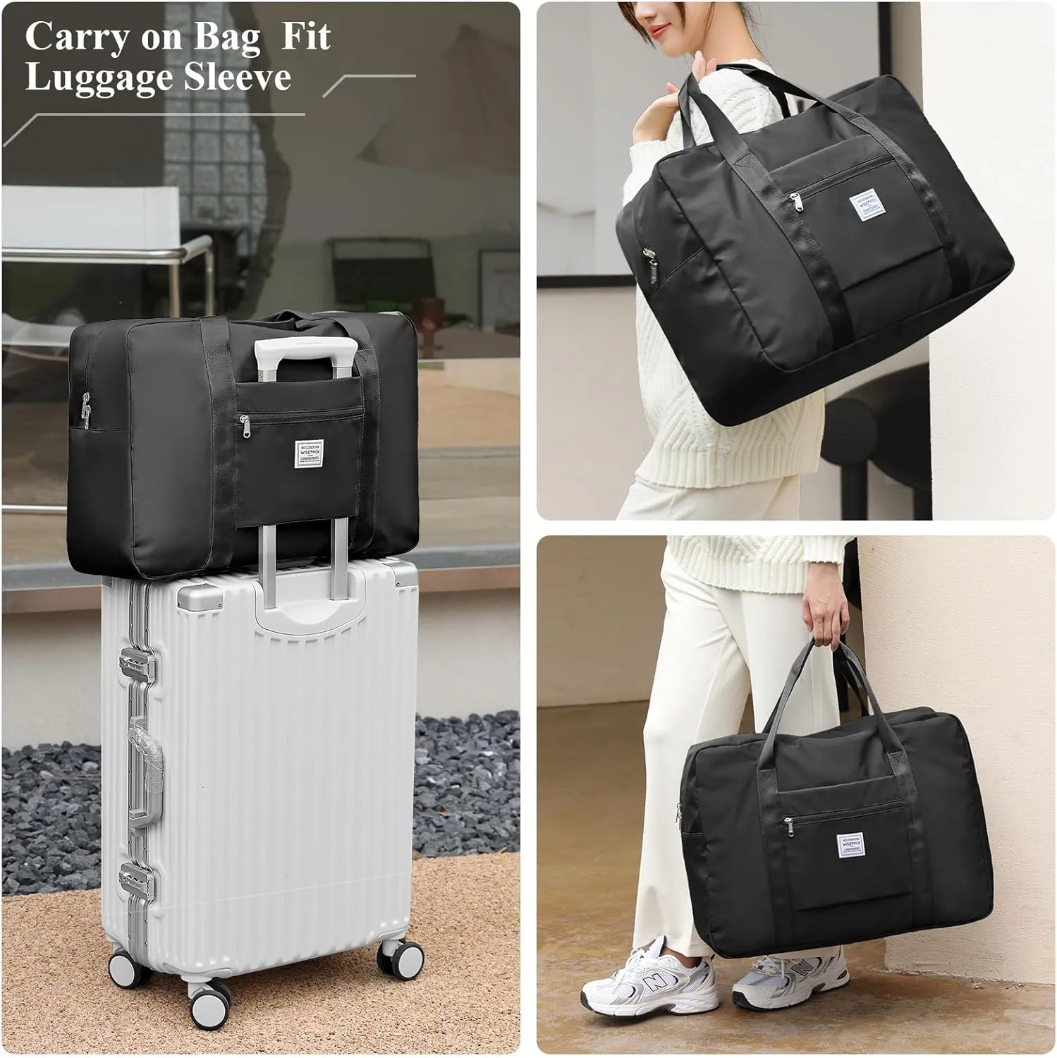 Large Travel Bag for Women, Foldable Travel Duffel Bag with Trolley Sleeve, Carry on Weekender Overnight Bag with Wet Pocket, Black, Large, 1 Travel Bag