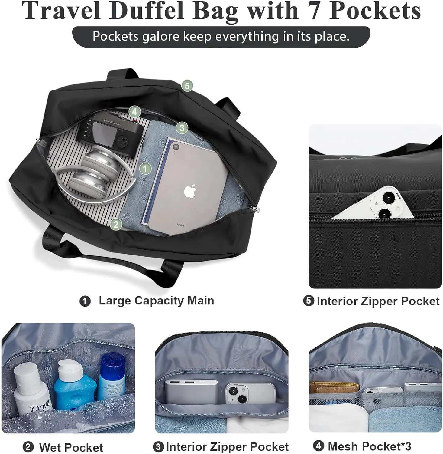 Large Travel Bag for Women, Foldable Travel Duffel Bag with Trolley Sleeve, Carry on Weekender Overnight Bag with Wet Pocket, Black, Large, 1 Travel Bag
