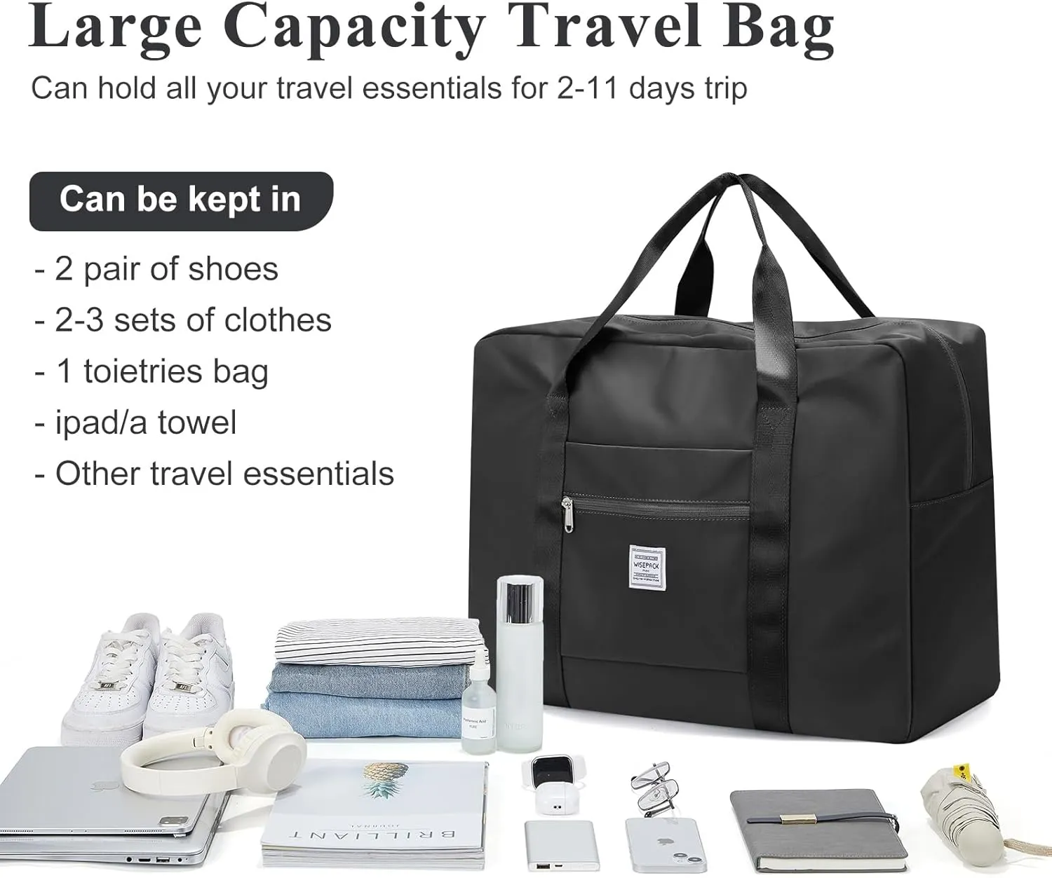 Large Travel Bag for Women, Foldable Travel Duffel Bag with Trolley Sleeve, Carry on Weekender Overnight Bag with Wet Pocket, Black, Large, 1 Travel Bag